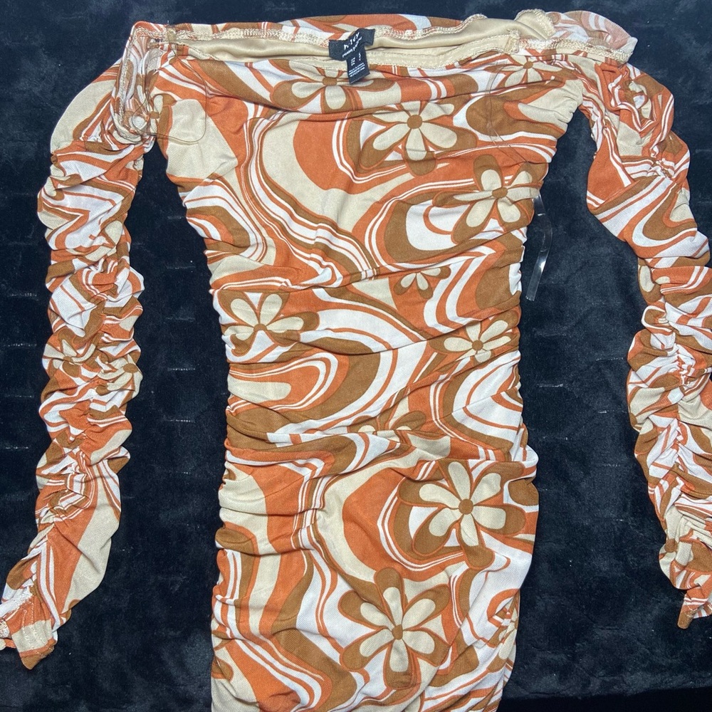 brown ruched body con dress